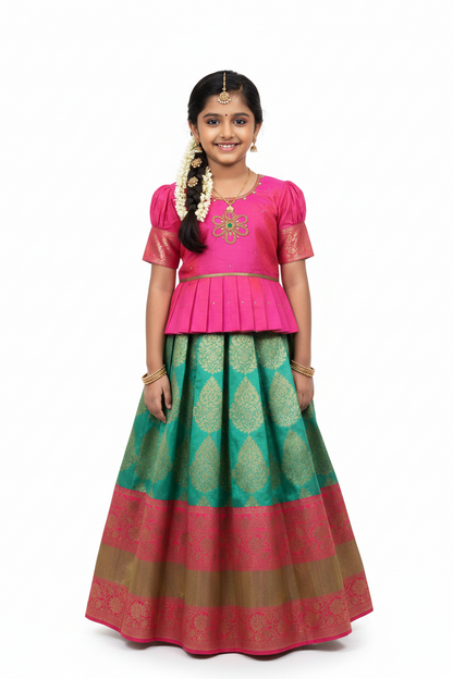 Ready To Wear Pavadai Light Green Colour with Pink Colour Blouse