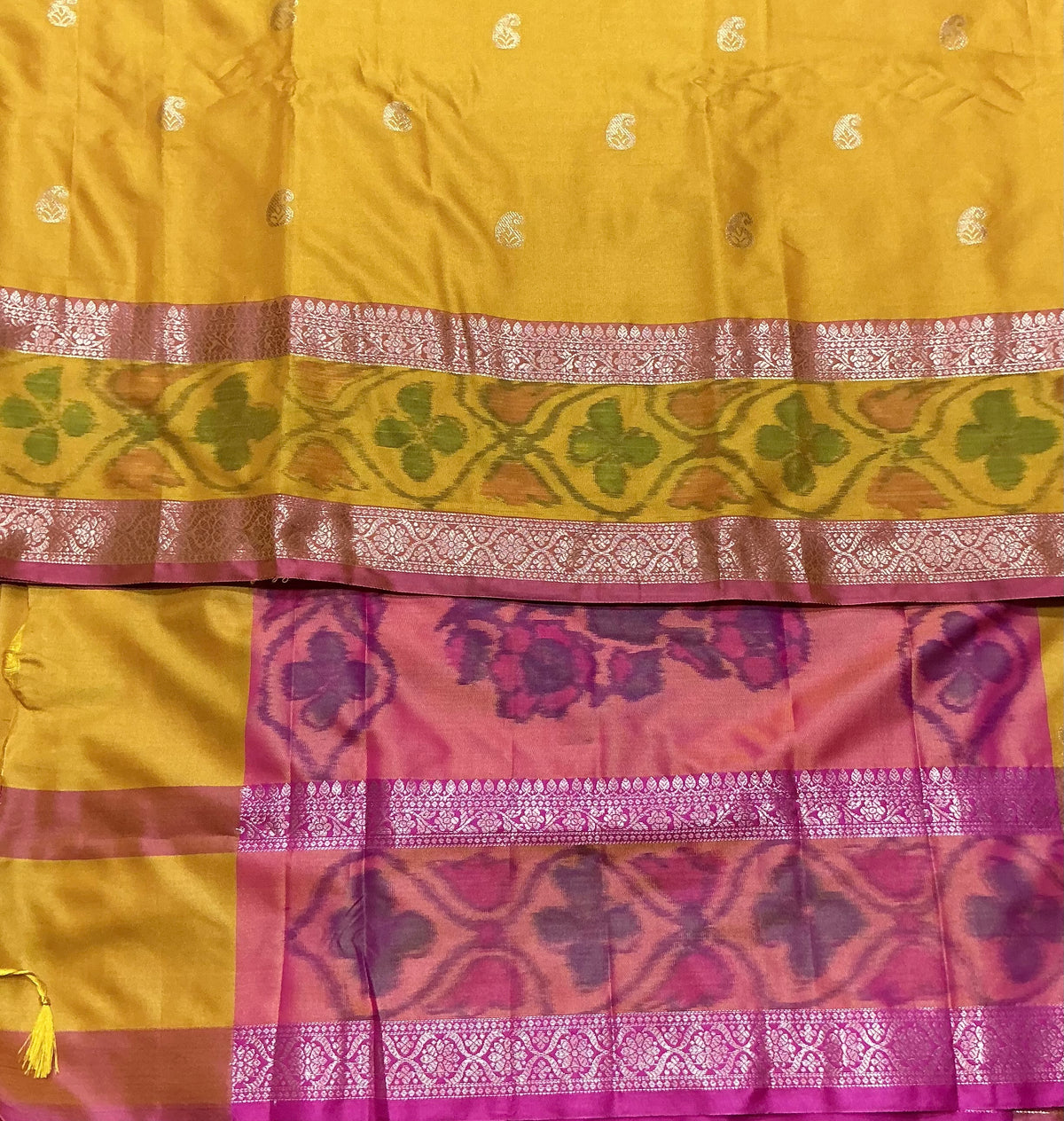 Mango Yellow Colour Soft Silk Saree with Pink Colour Ikat Border