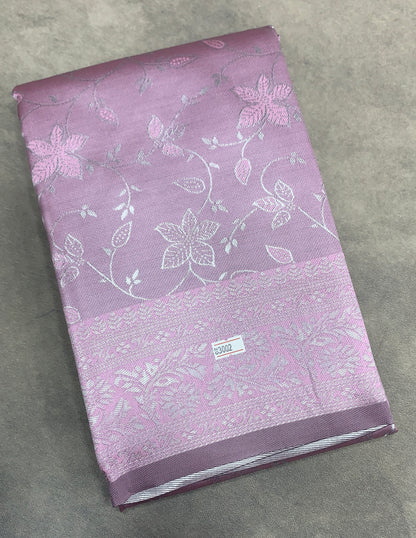 Jute Silk Saree – Light Lavender with Floral Creeper