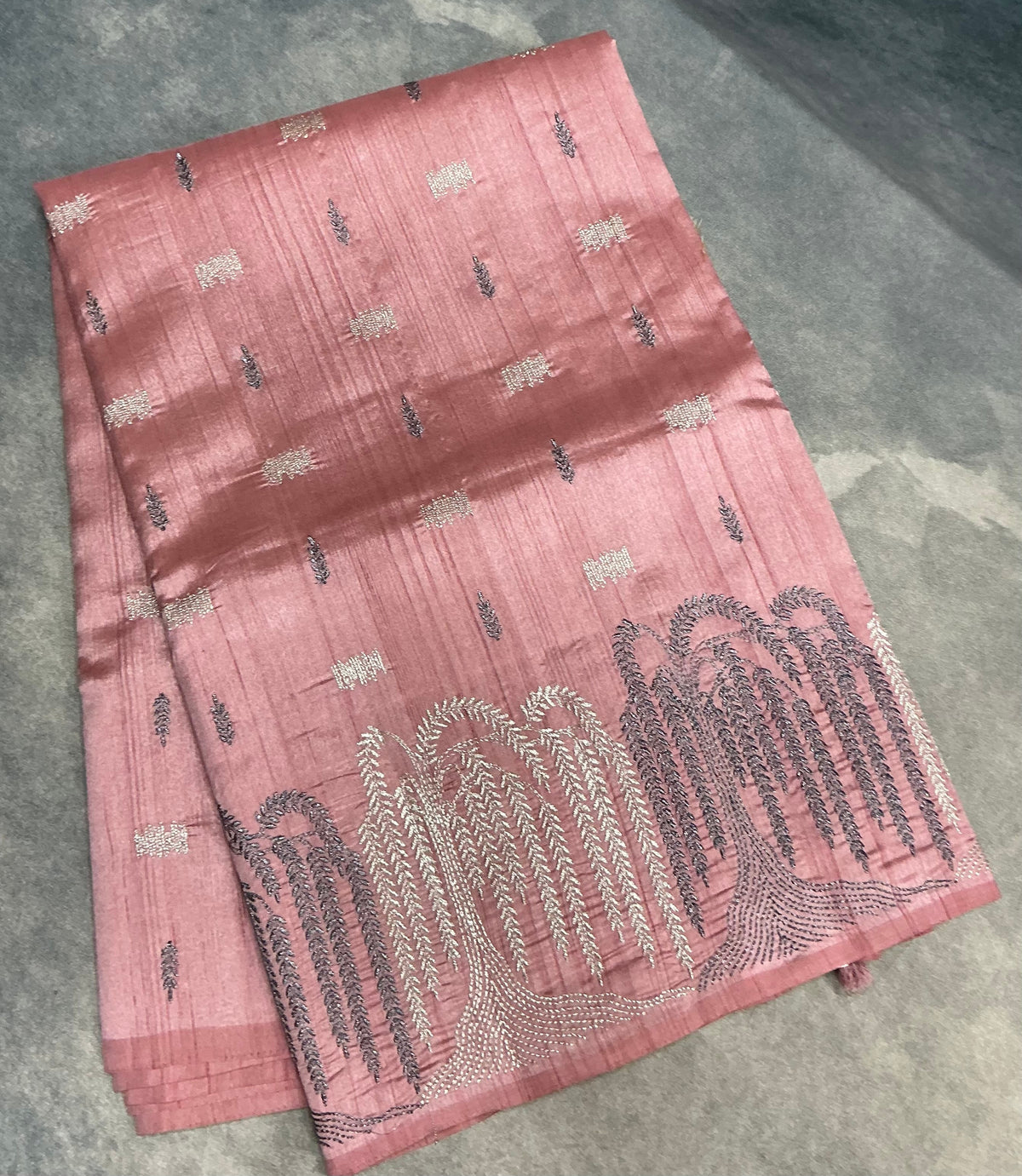 Peach Pink Tussar Saree with Embroidery Work Border