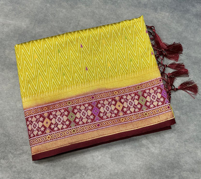 Mustard Ikat Saree with Contrast Purple Color border