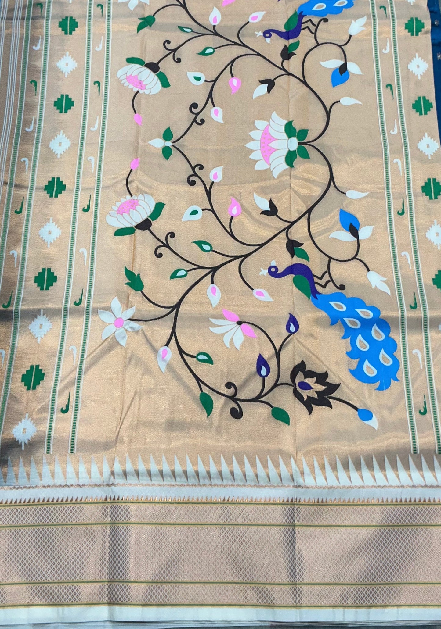 Sky Blue Vegan Paithani Silk saree with contrast White border