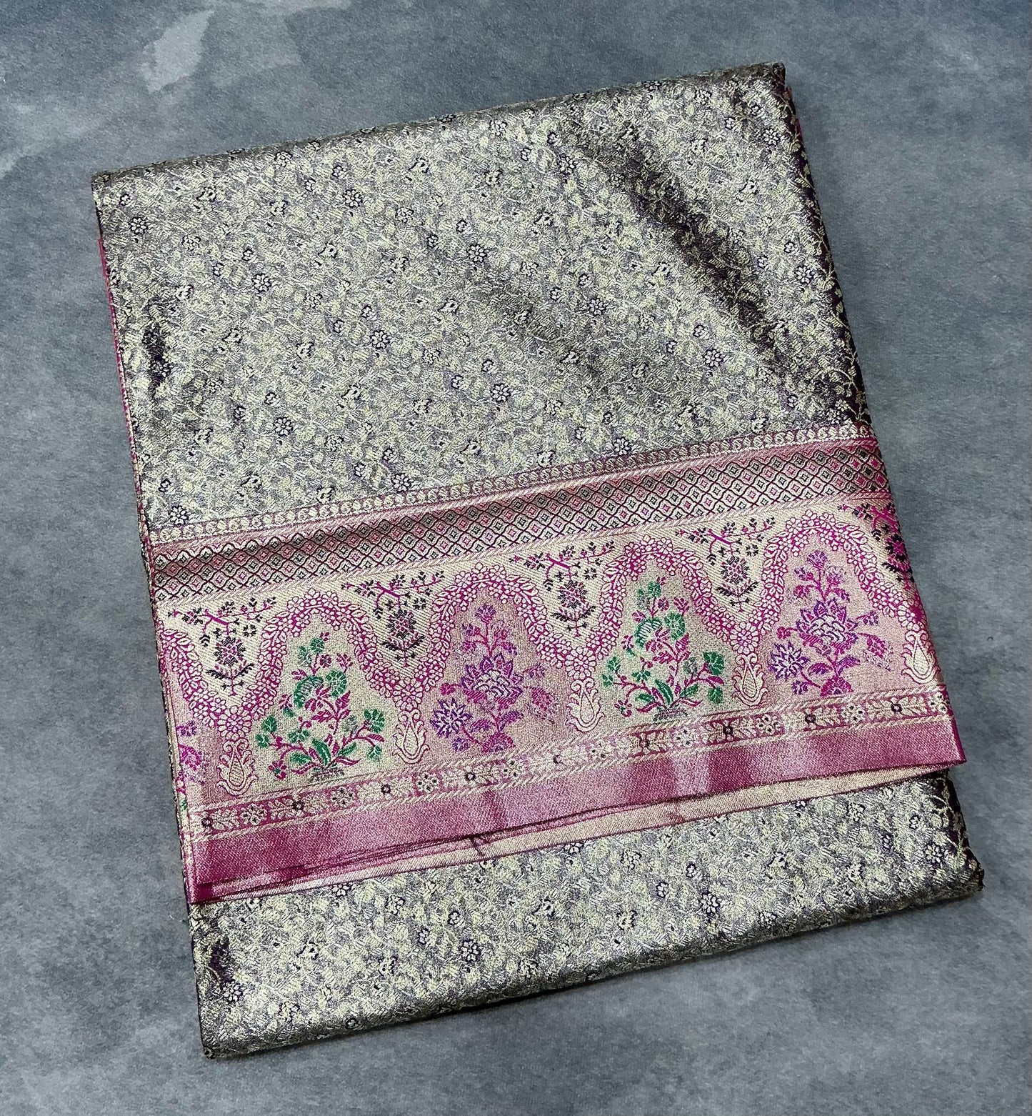 Greyish Blue Color Tissue Saree with contrast Pink Color border