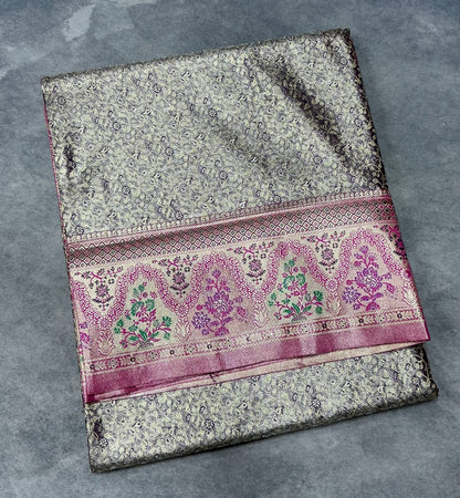 Greyish Blue Color Tissue Saree with contrast Pink Color border