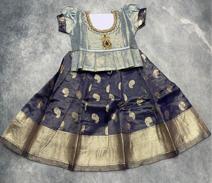 Ready To Wear Pavadai Blue Colour with Contrast Sliver Colour Blouse