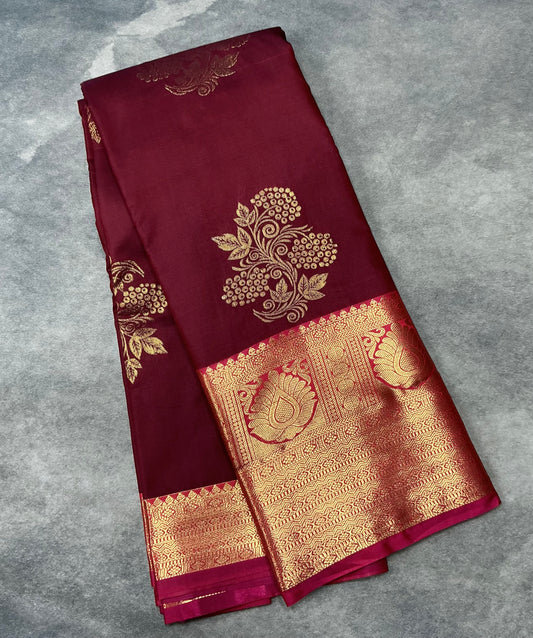 Dark Maroon Color Vegan Silk saree with Pink Color with Mango Design border