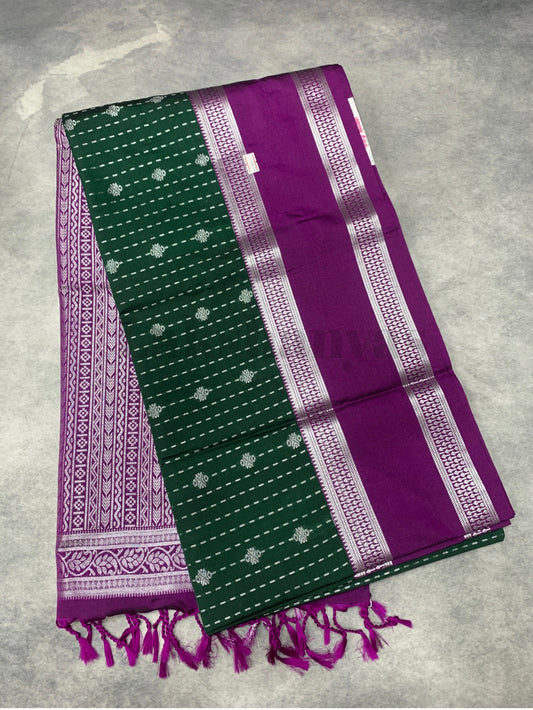 Green Colour Soft Silk Saree with Magenta Rettai Pettu Border