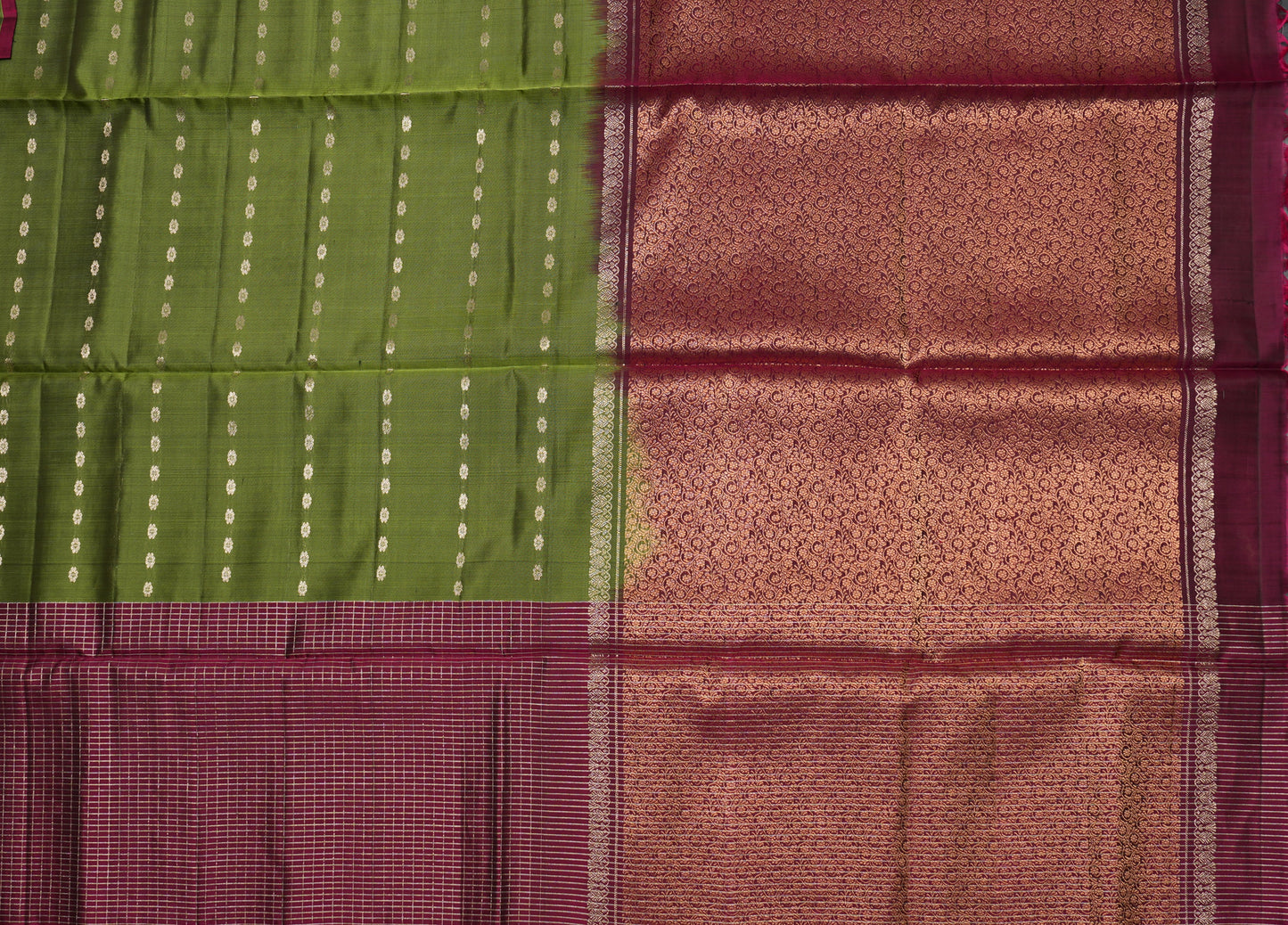 Kanjivaram Bottle Green Silk Saree with Magenta Checked Border