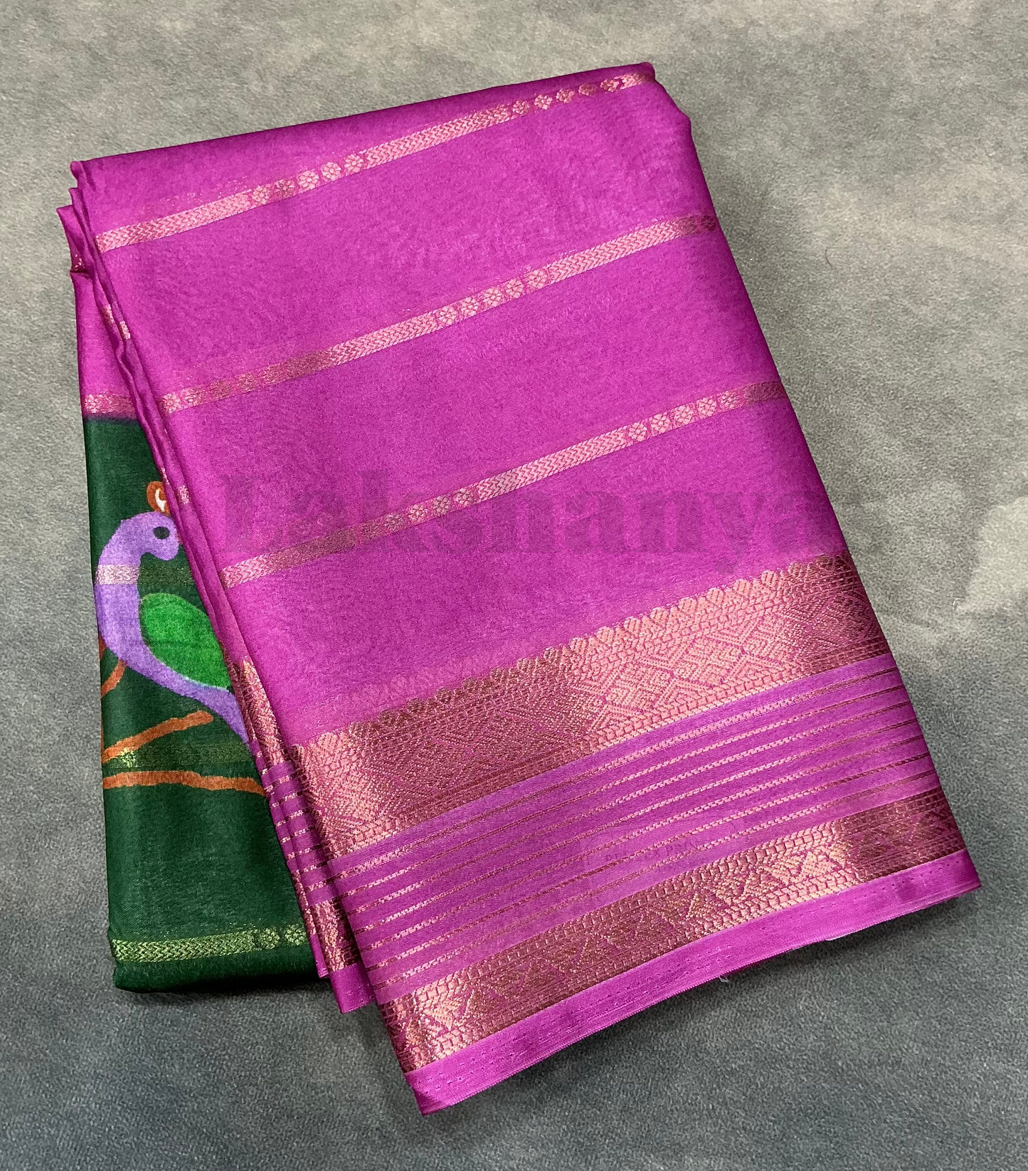 Green & Magenta Peacock Printed Mysore Crepe Saree