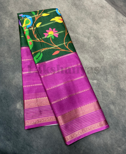 Green & Magenta Peacock Printed Mysore Crepe Saree