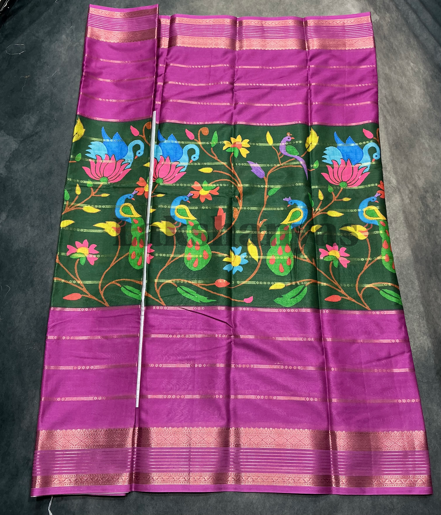 Green & Magenta Peacock Printed Mysore Crepe Saree