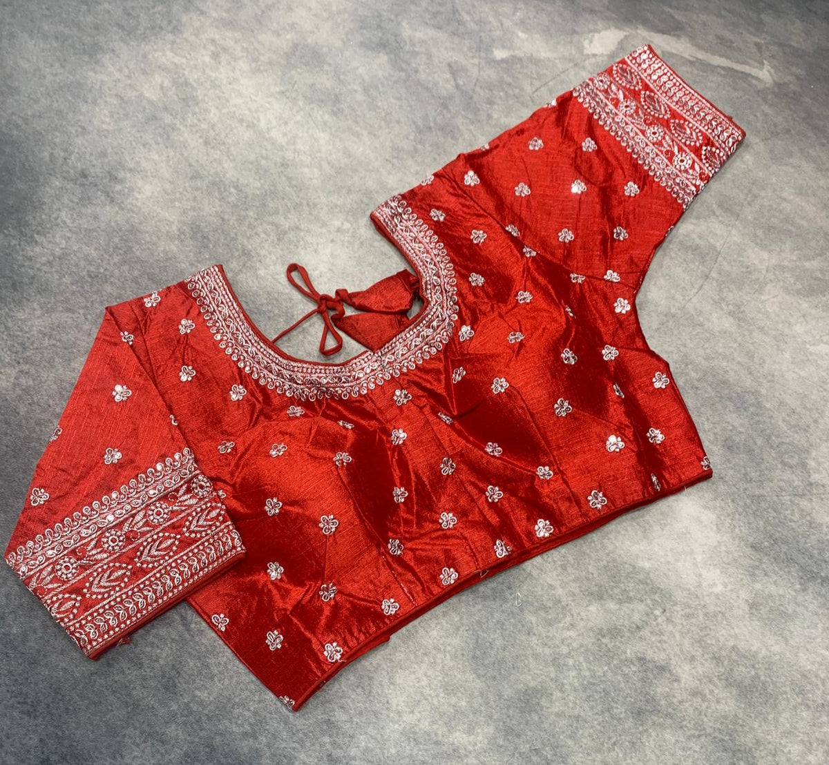 Ready-to-Wear Embroidered Silk Blouse - Red (Golden Embroidery)