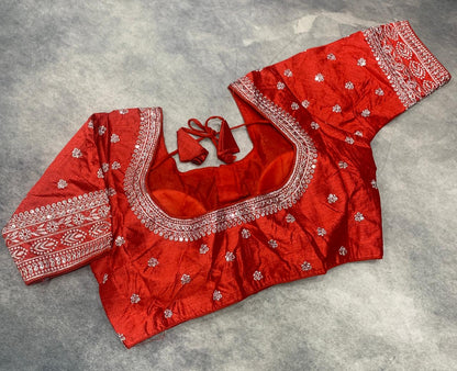 Ready-to-Wear Embroidered Silk Blouse - Red (Golden Embroidery)