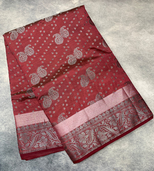 Beetroot Colour Semi Tussar Saree with Zari Border