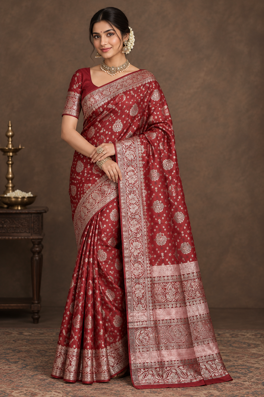 Beetroot Colour Semi Tussar Saree with Zari Border
