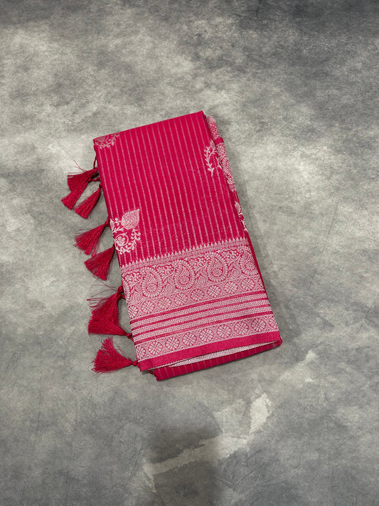 Rani Pink Linen Silk Saree with Sliver Zari Border