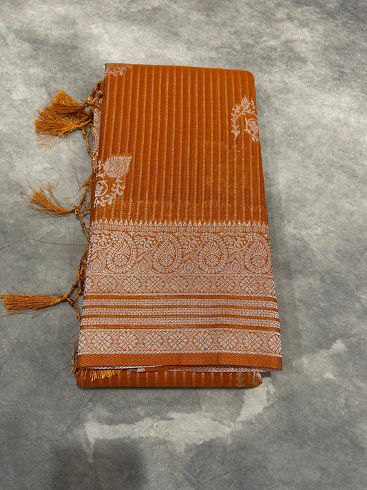 Mustard Linen Saree in Sliver Zari