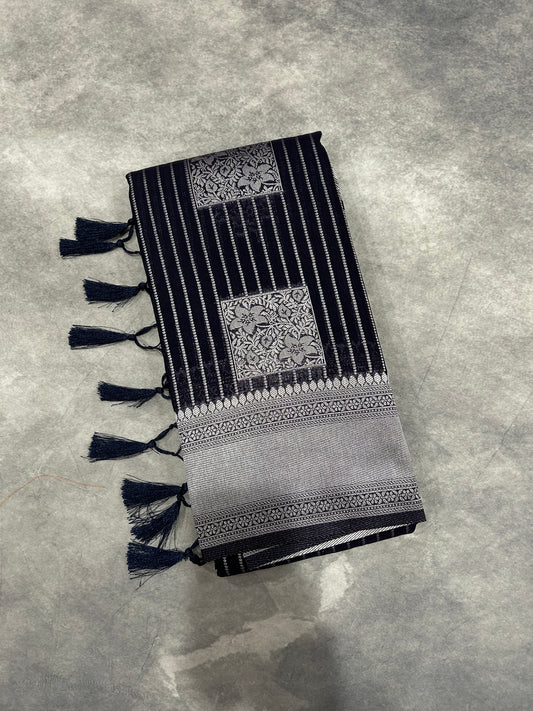 Dark blue Linen Saree square butta in Sliver Zari Border