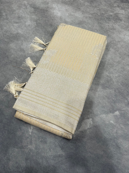 Cream Linen Saree in Sliver Zari Border