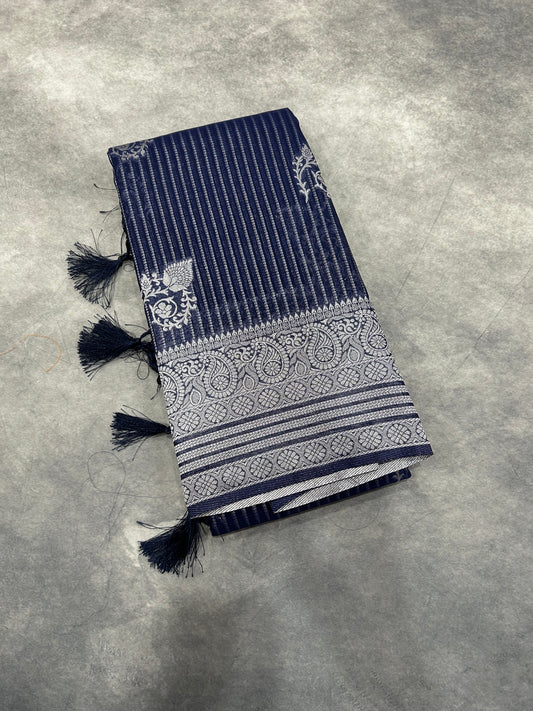 Dark Blue Linen Saree in Sliver Zari Border - Floral motif