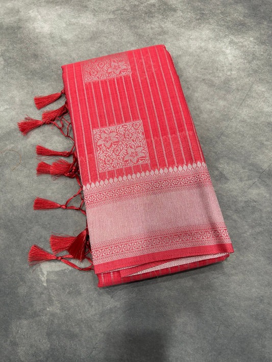 Pink Linen Saree square butta with Sliver Zari Border