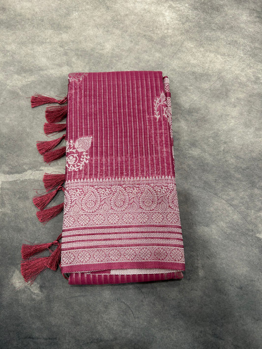 Purple Linen Saree in Sliver Zari