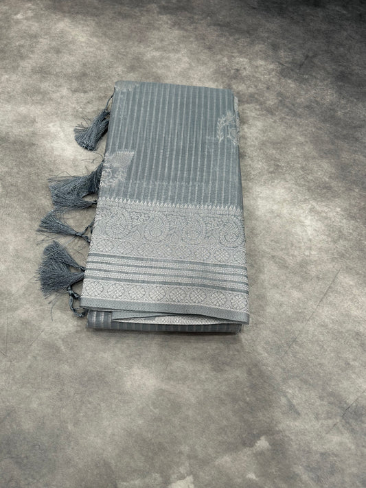 Silver Linen Saree with Sliver Zari