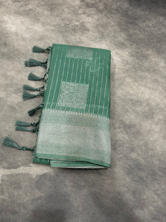 Teal Green Linen Silk Saree with Sliver Zari Border