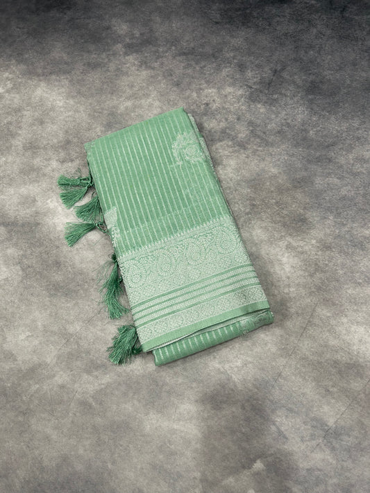 Teal Green Silk Saree with Sliver Zari Border