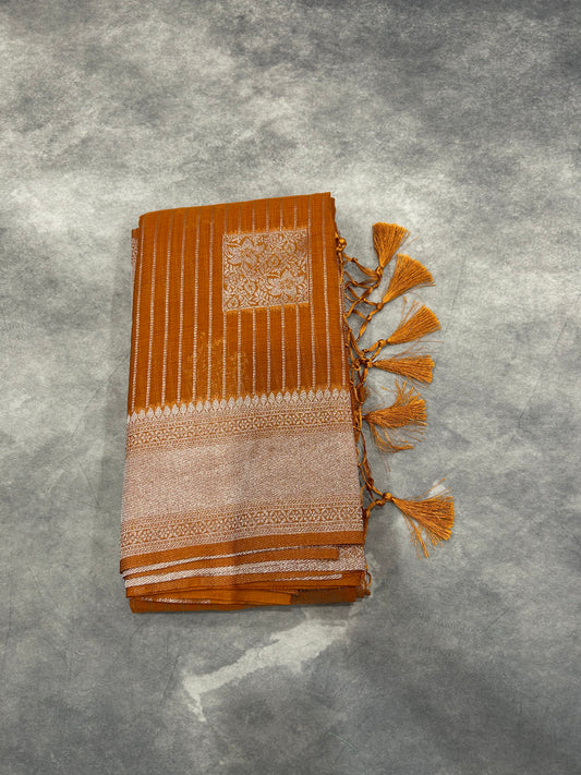 Mustard Colour Linen Silk Saree with Sliver Zari Border