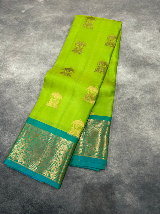 Parrot Green Kanjivaram Silk Saree with Turquoise blue saree