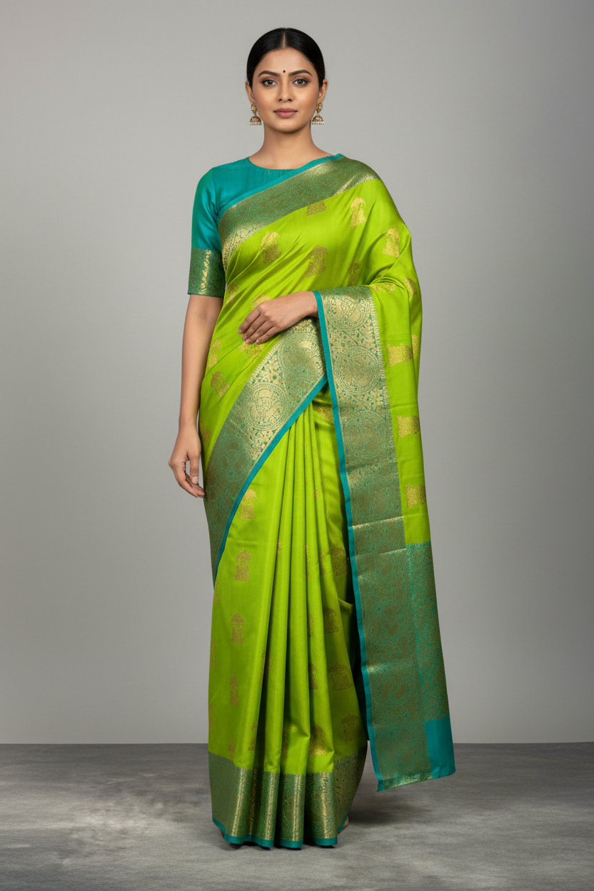 Parrot Green Kanjivaram Silk Saree with Turquoise blue saree