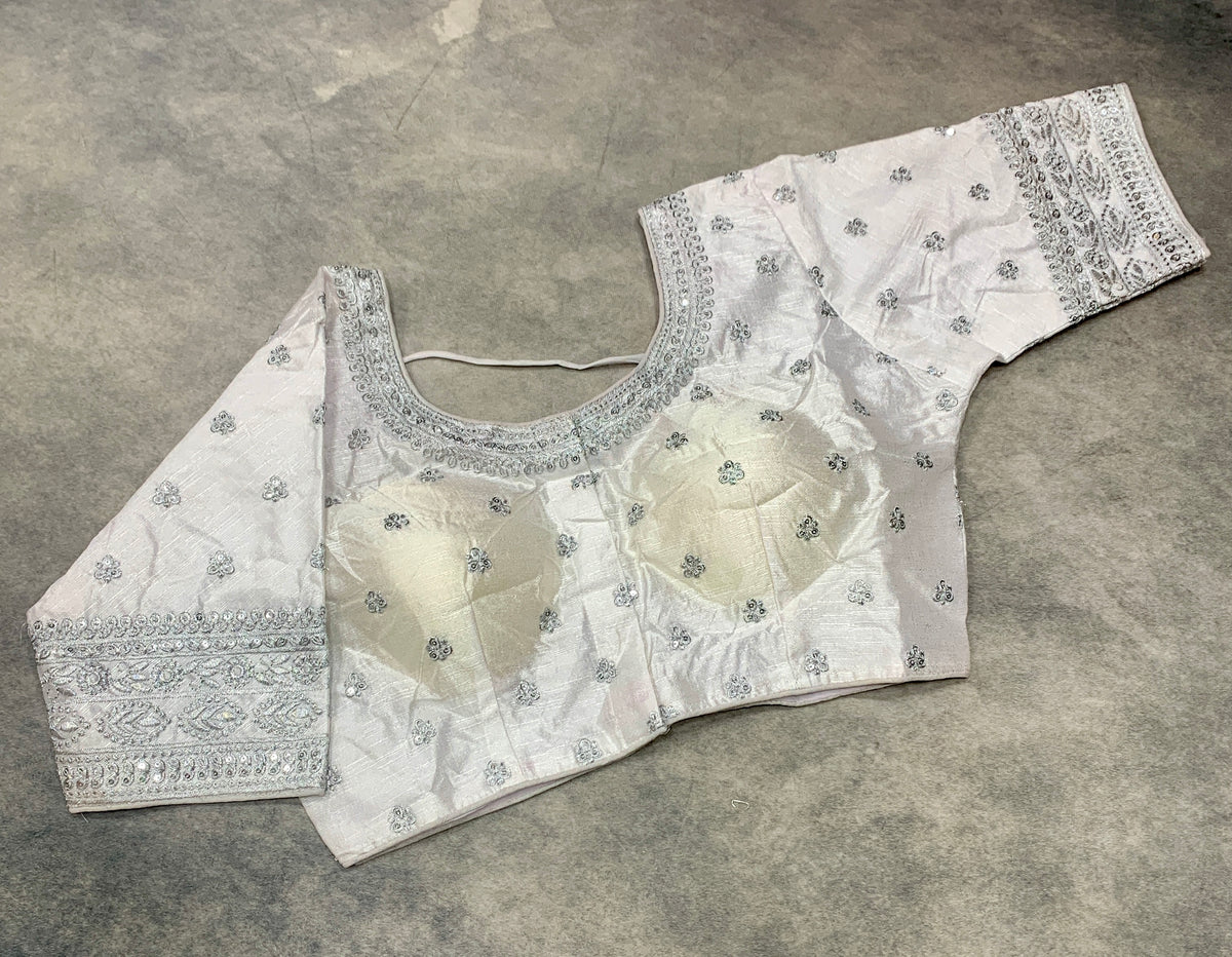 Ready-to-Wear Embroidered Silk Blouse - White (Golden Embroidery)