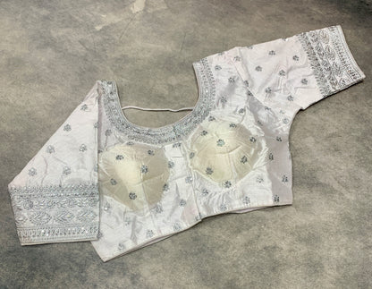 Ready-to-Wear Embroidered Silk Blouse - White (Golden Embroidery)