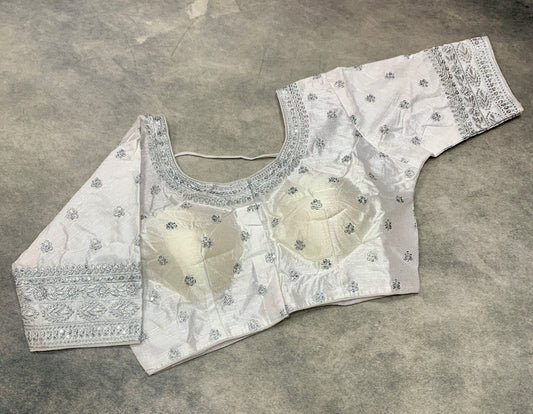 Ready-to-Wear Embroidered Silk Blouse - White (Golden Embroidery)