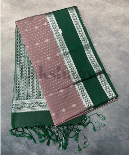 Light Brown Colour Soft Silk Saree with Green Colour Rettai Pettu Border