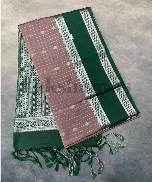 Light Brown Colour Soft Silk Saree with Green Colour Rettai Pettu Border