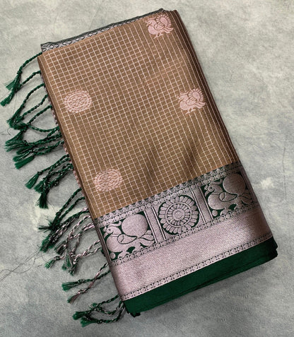 Light Brown Colour Soft Silk Saree with Green Colour Border