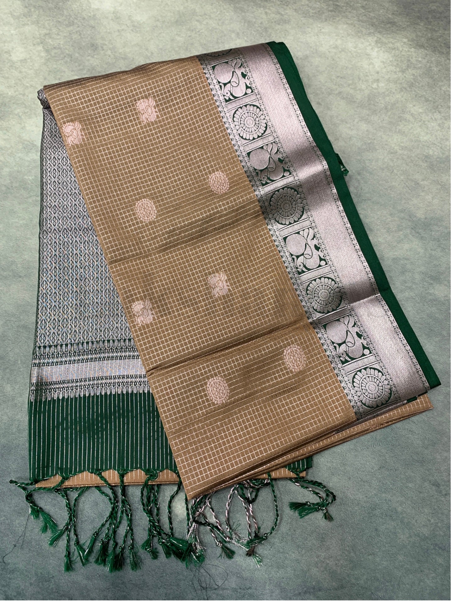 Light Brown Colour Soft Silk Saree with Green Colour Border