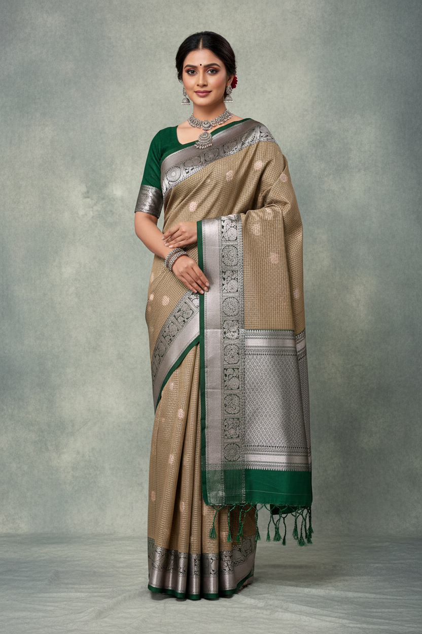 Light Brown Colour Soft Silk Saree with Green Colour Border