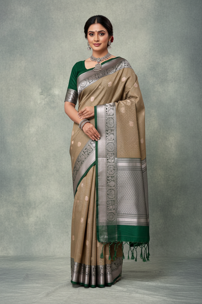 Light Brown Colour Soft Silk Saree with Green Colour Border