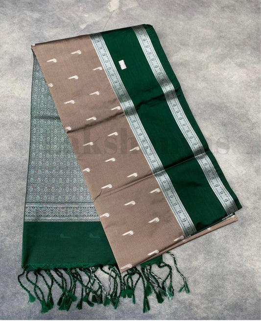 Brownish Gray Colour Soft Silk Saree with Green Rettai Pettu Border