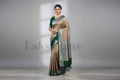 Brownish Gray Colour Soft Silk Saree with Green Rettai Pettu Border