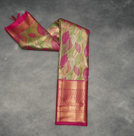 Semi Silk Tissue Saree - Green & Pink Leaves with Pink Border