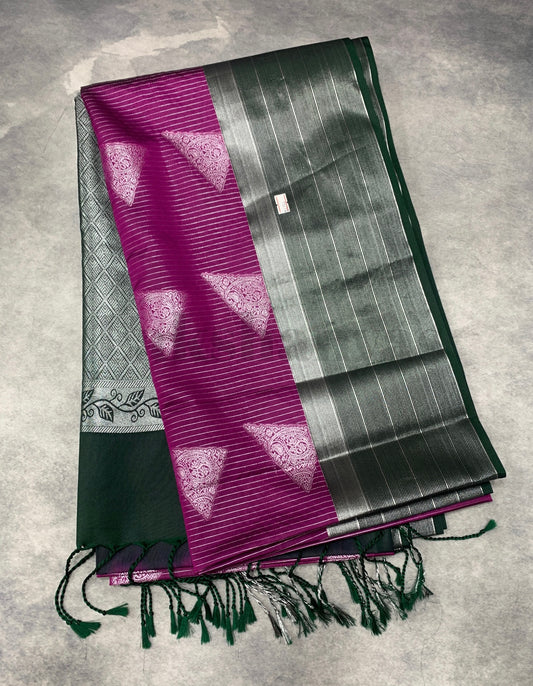 Magenta Colour Soft Silk Saree with Green Colour Border