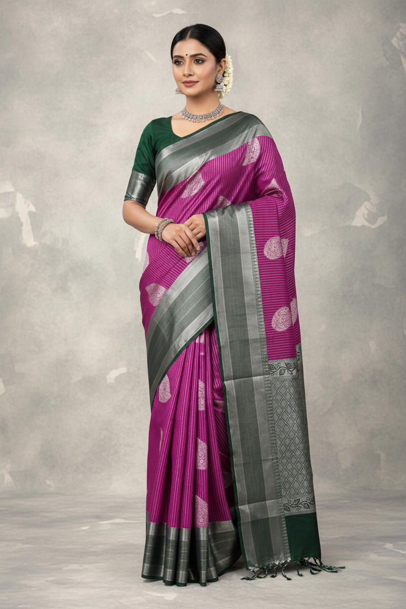 Magenta Colour Soft Silk Saree with Green Colour Border