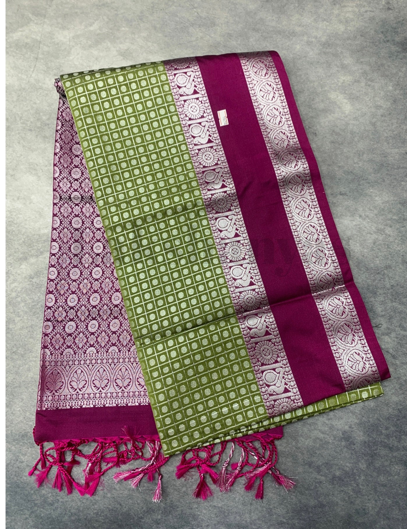 Olive Green Colour Soft Silk Saree with Magenta Rettai Pettu Border