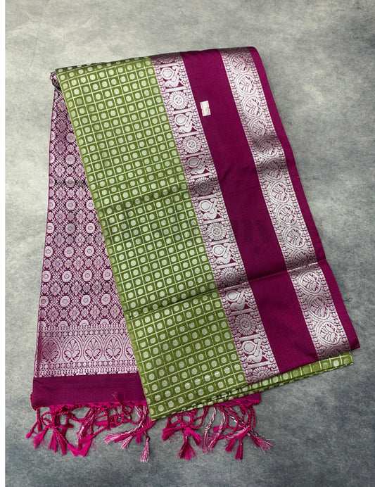 Olive Green Colour Soft Silk Saree with Magenta Rettai Pettu Border