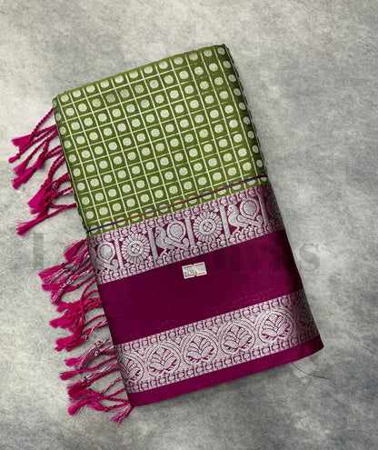 Olive Green Colour Soft Silk Saree with Magenta Rettai Pettu Border