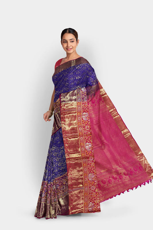 Blue Semi Silk saree with Rettai pettu maroon border